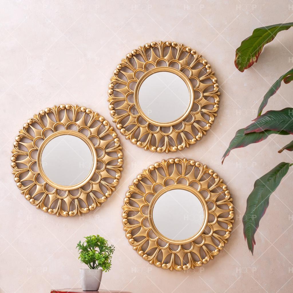 Round Golden Wall Mirror – Modern Decorative Accent Mirror for Home Décor