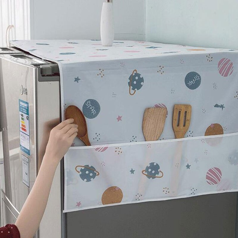 Anti-Dust Waterproof Refrigerator Top Cover – Oil-Proof Fridge Protector with Side Storage Pockets (Random Design)