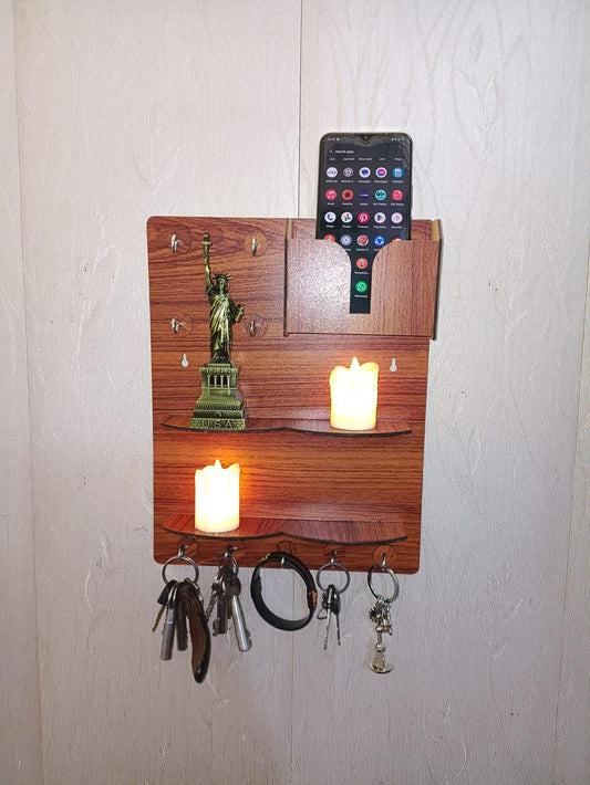 Wooden Wall Key & Phone Holder with Hooks | Wall Mounted Entryway Organizer