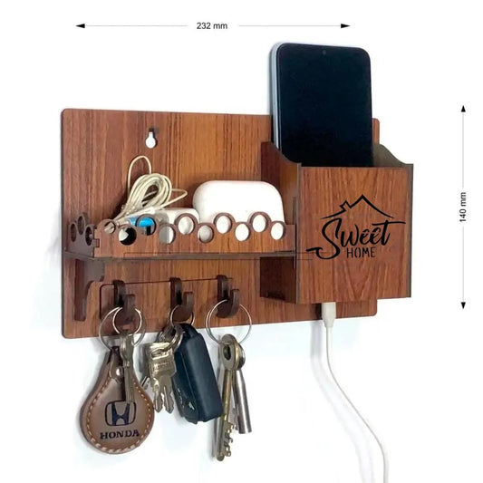 Sweet Home Wall Phone & Key Holder | Brown MDF Wall Mounted Organizer with Hooks