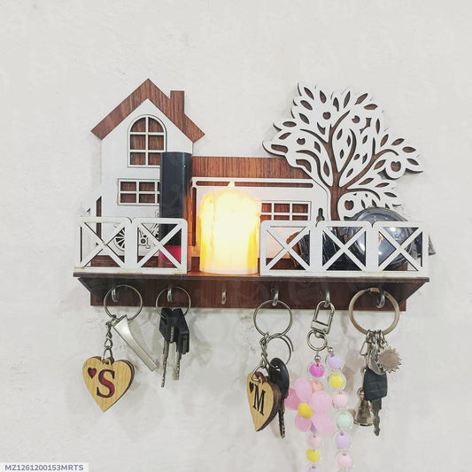Tree & House Key & Phone Wall Holder | Dark Wood Wall Mounted Organizer with Hooks