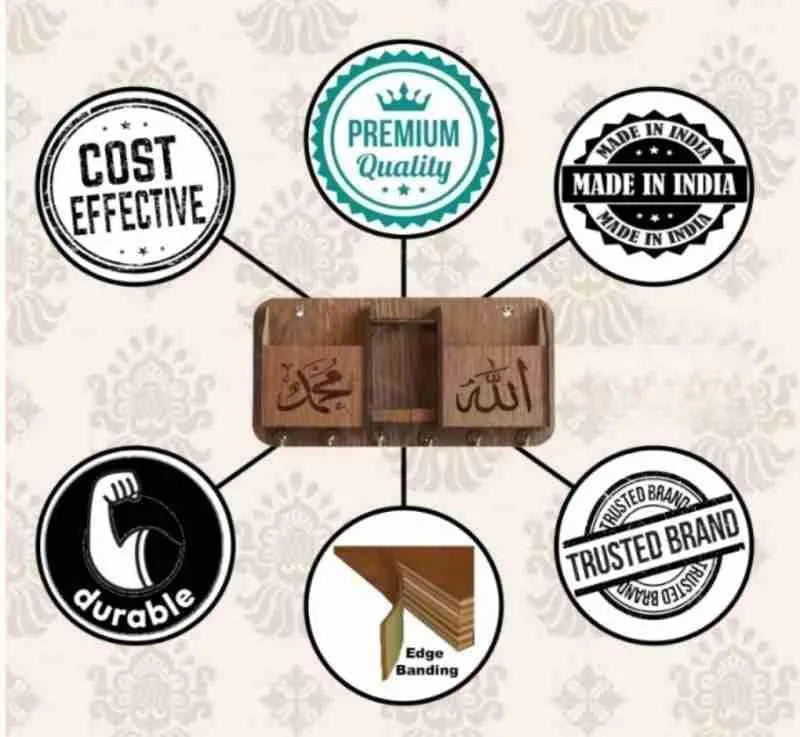Islamic Key Holder with Phone Stand & Remote Organizer | Wall Mounted Wooden Home Organizer