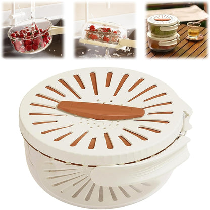Kitchen Fruit Drainage Basket with Lid – Multi functional Dual-Layer Bowl for Washing, Draining & Storing Fruits and Vegetables, Foldable Handle Design, White