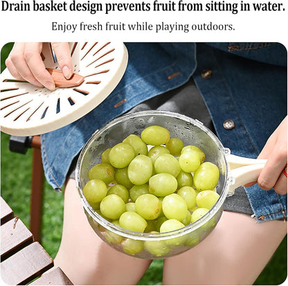 Kitchen Fruit Drainage Basket with Lid – Multi functional Dual-Layer Bowl for Washing, Draining & Storing Fruits and Vegetables, Foldable Handle Design, White