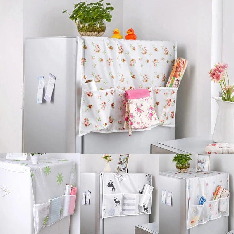 Anti-Dust Waterproof Refrigerator Top Cover – Oil-Proof Fridge Protector with Side Storage Pockets (Random Design)