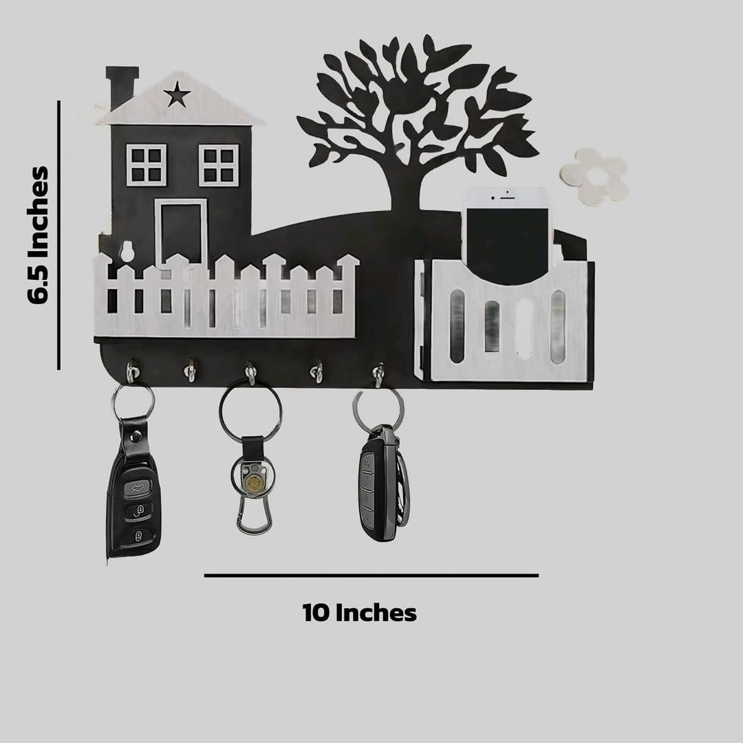 Modern Abstract Key & Mobile Holder Black & White MDF | Wall Mounted Organizer with Hooks