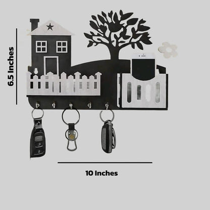 Modern Abstract Key & Mobile Holder Black & White MDF | Wall Mounted Organizer with Hooks