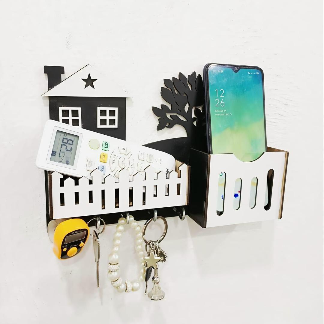 Modern Abstract Key & Mobile Holder Black & White MDF | Wall Mounted Organizer with Hooks