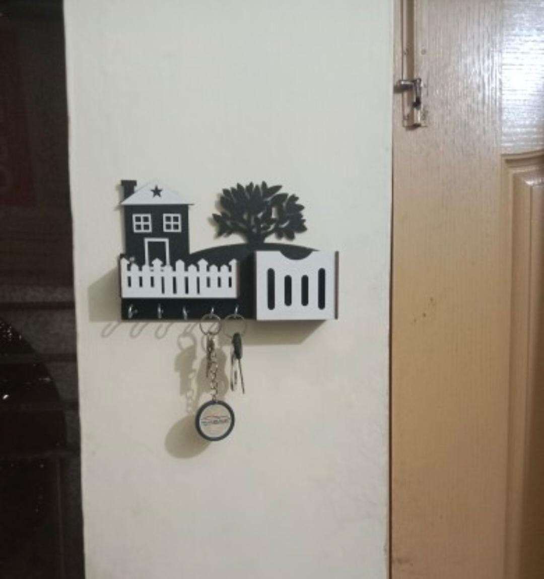 Modern Abstract Key & Mobile Holder Black & White MDF | Wall Mounted Organizer with Hooks