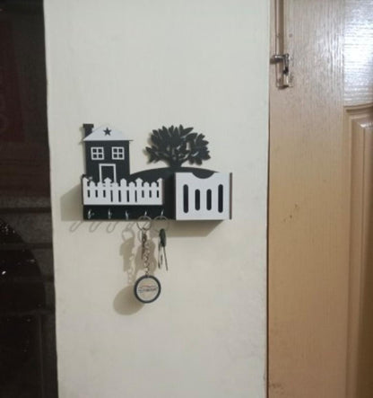 Modern Abstract Key & Mobile Holder Black & White MDF | Wall Mounted Organizer with Hooks