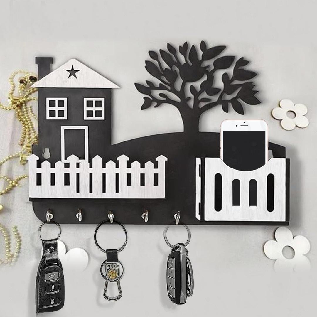 Modern Abstract Key & Mobile Holder Black & White MDF | Wall Mounted Organizer with Hooks