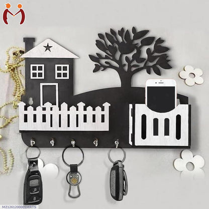 Modern Abstract Key & Mobile Holder Black & White MDF | Wall Mounted Organizer with Hooks