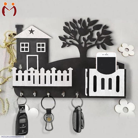 Modern Abstract Key & Mobile Holder Black & White MDF | Wall Mounted Organizer with Hooks
