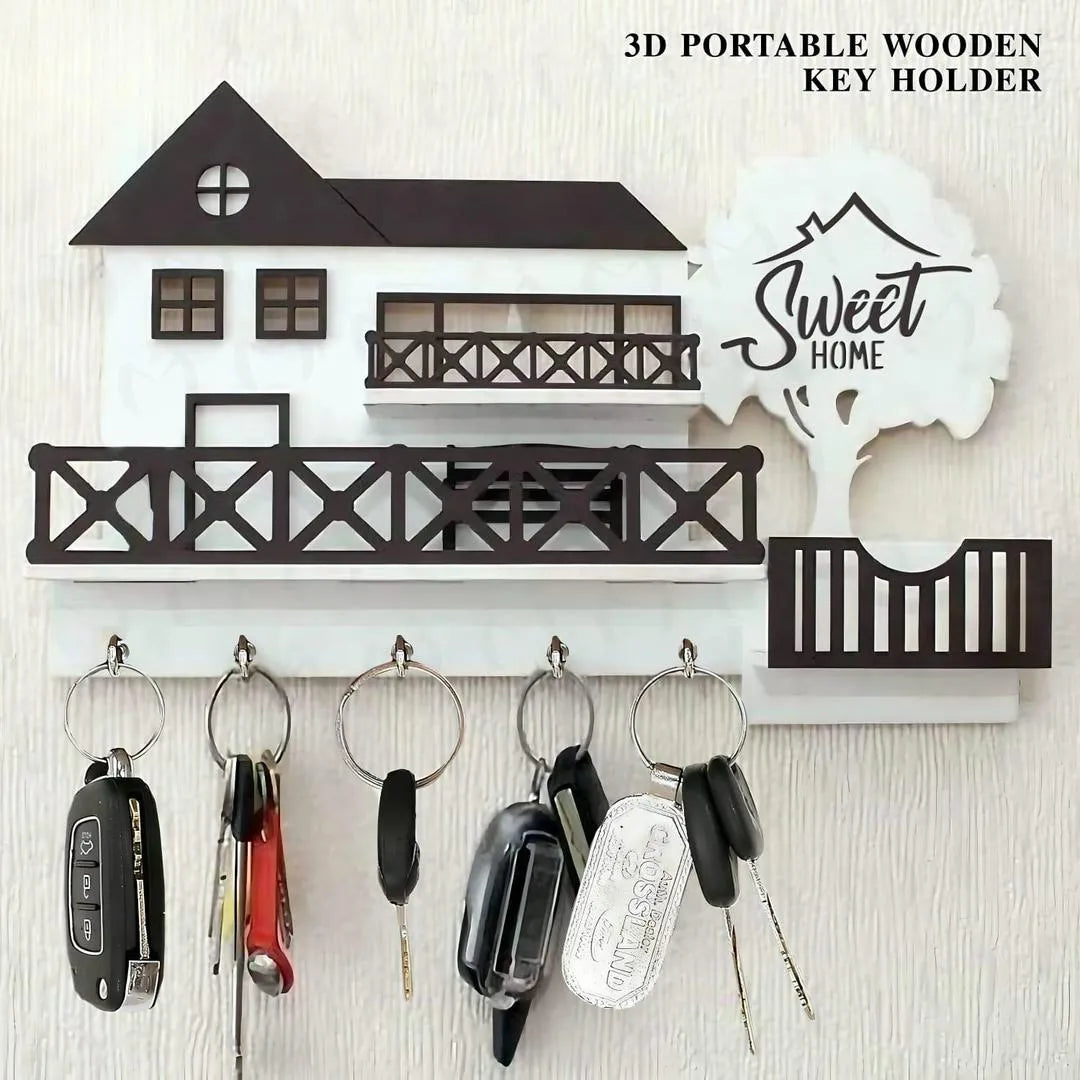 3D Wooden Key Holder Sweet Home Design | Decorative Wall Mounted Key Organizer
