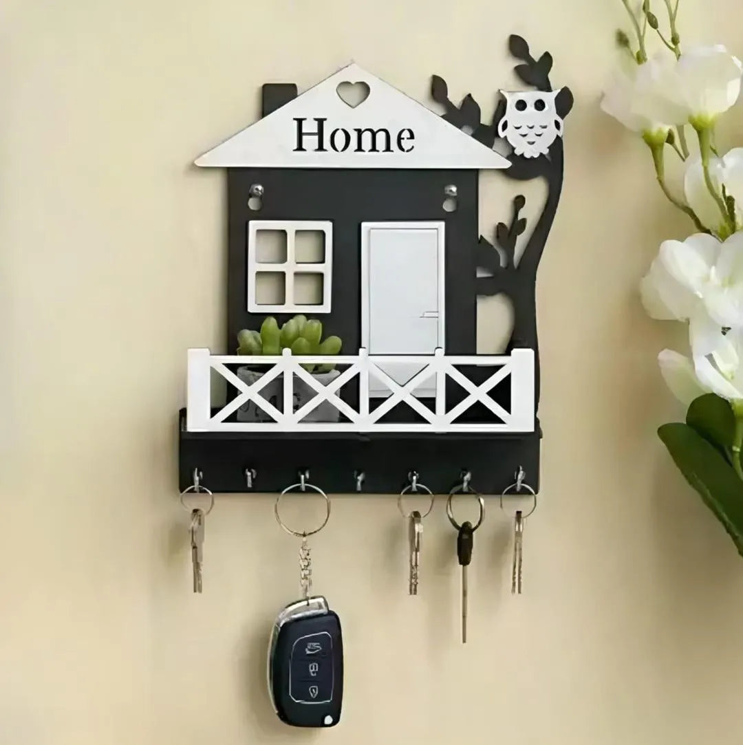 Black Owl House Key Holder with Plant Balcony | Wooden Wall Mounted Key Organizer