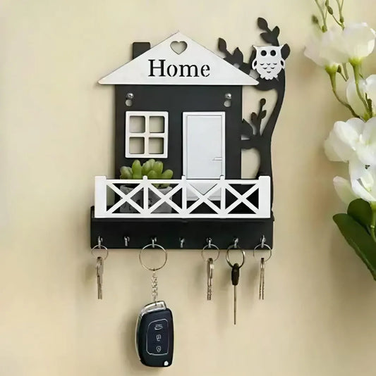 Black Owl House Key Holder with Plant Balcony | Wooden Wall Mounted Key Organizer