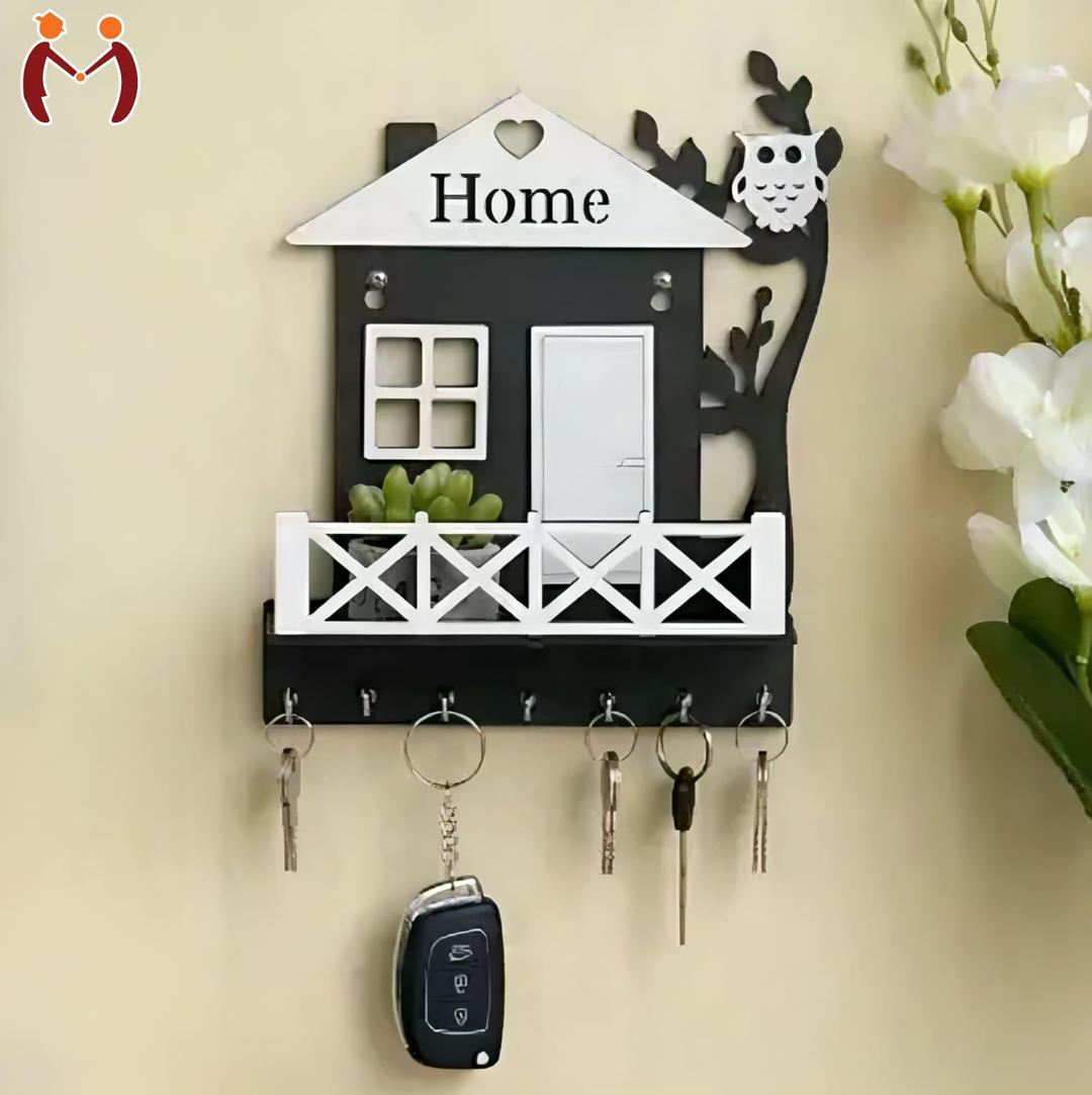Black Owl House Key Holder with Plant Balcony | Wooden Wall Mounted Key Organizer