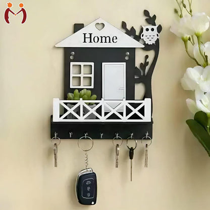 Black Owl House Key Holder with Plant Balcony | Wooden Wall Mounted Key Organizer