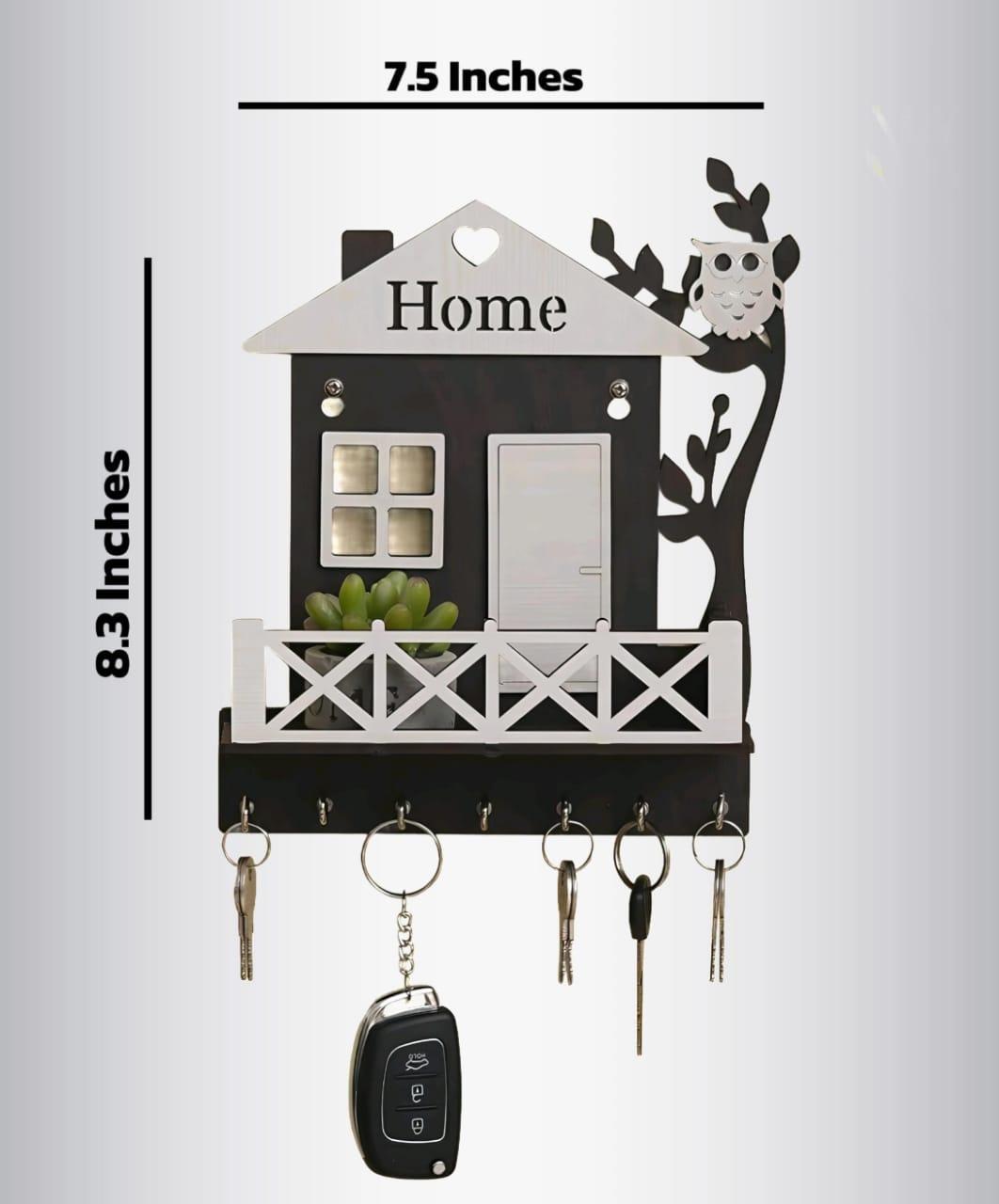 Black Owl House Key Holder with Plant Balcony | Wooden Wall Mounted Key Organizer