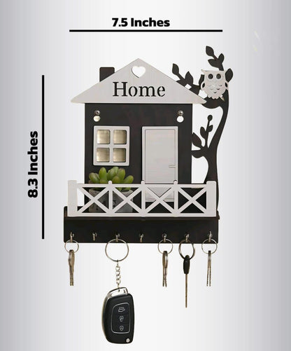 Black Owl House Key Holder with Plant Balcony | Wooden Wall Mounted Key Organizer