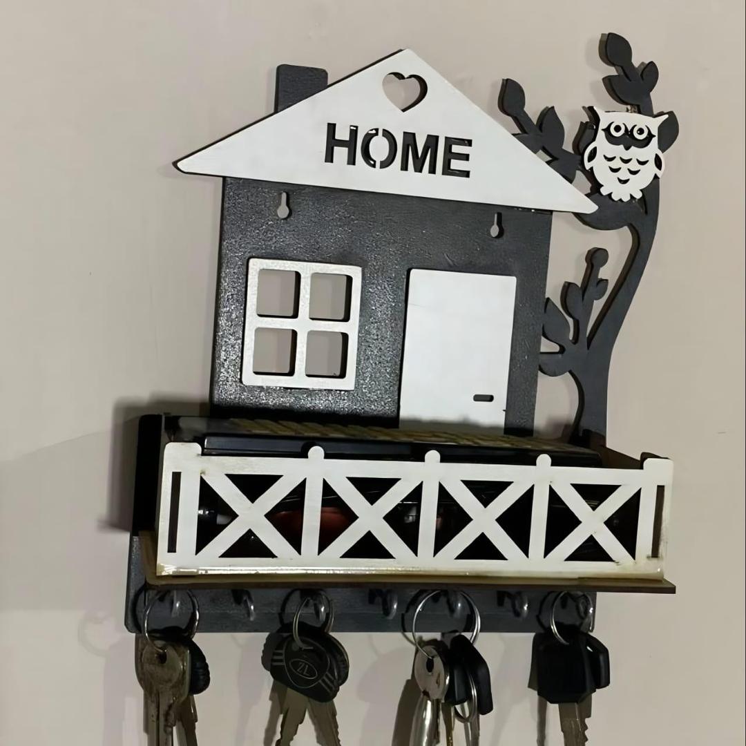 Black Owl House Key Holder with Plant Balcony | Wooden Wall Mounted Key Organizer