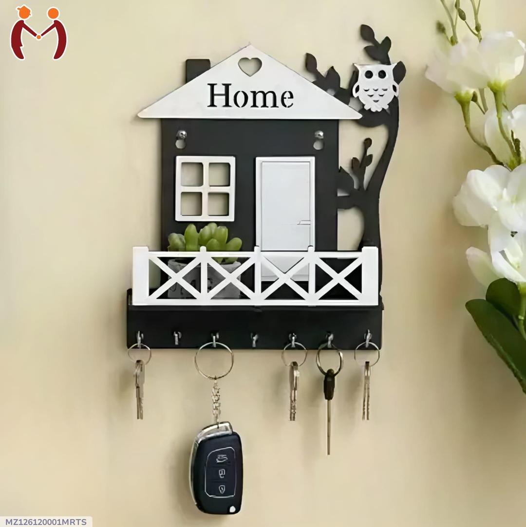 Black Owl House Key Holder with Plant Balcony | Wooden Wall Mounted Key Organizer