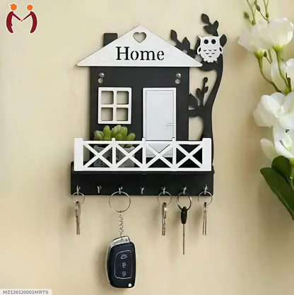 Black Owl House Key Holder with Plant Balcony | Wooden Wall Mounted Key Organizer