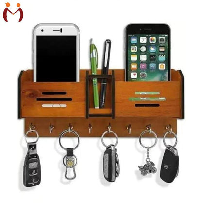 Wooden Double Pocket Mobile & Key Holder | Wall Mounted Entryway Organizer with Hooks