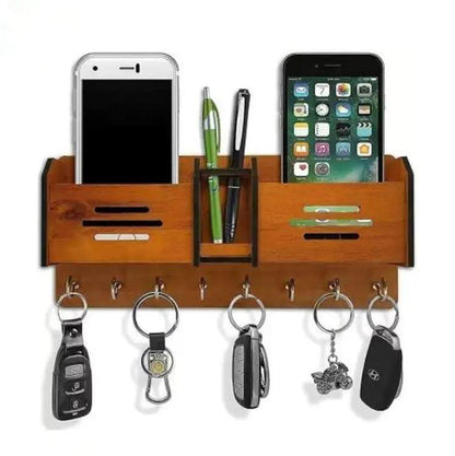 Wooden Double Pocket Mobile & Key Holder | Wall Mounted Entryway Organizer with Hooks