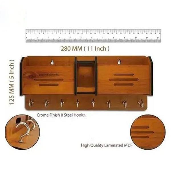 Wooden Double Pocket Mobile & Key Holder | Wall Mounted Entryway Organizer with Hooks