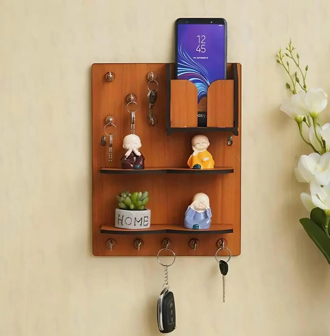 Wooden Wall Key & Phone Holder with Hooks | Wall Mounted Entryway Organizer