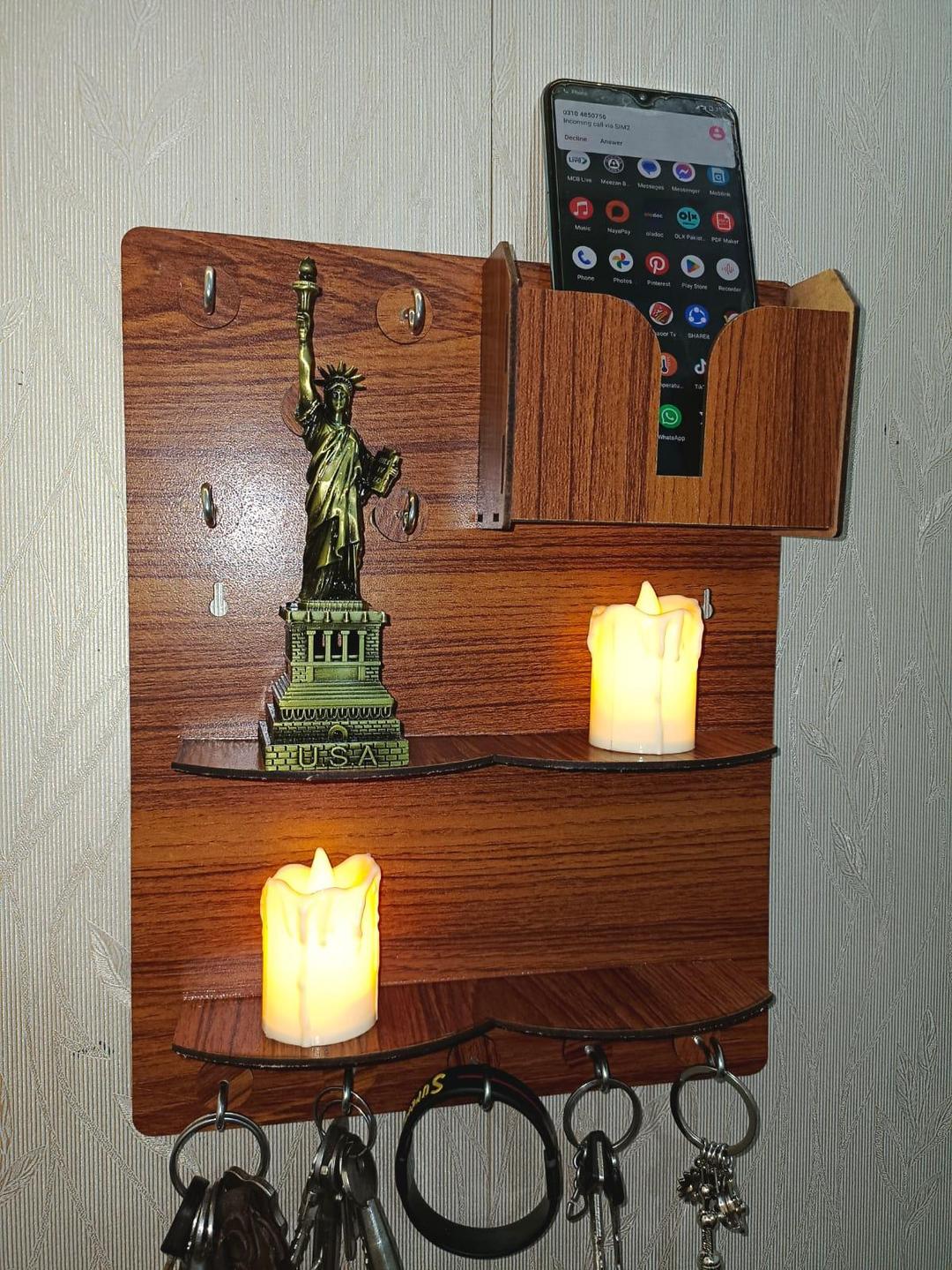 Wooden Wall Key & Phone Holder with Hooks | Wall Mounted Entryway Organizer