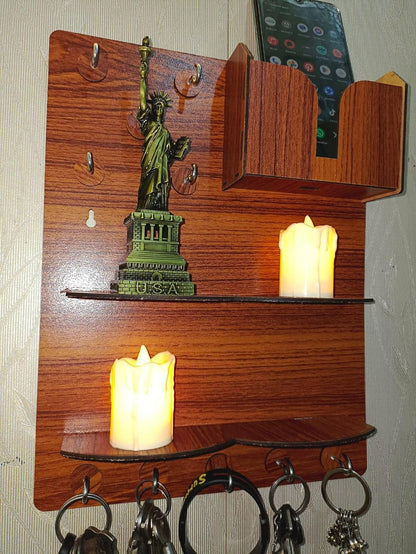 Wooden Wall Key & Phone Holder with Hooks | Wall Mounted Entryway Organizer
