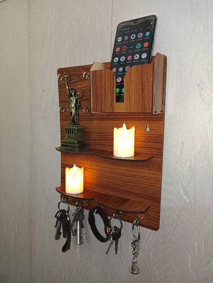 Wooden Wall Key & Phone Holder with Hooks | Wall Mounted Entryway Organizer