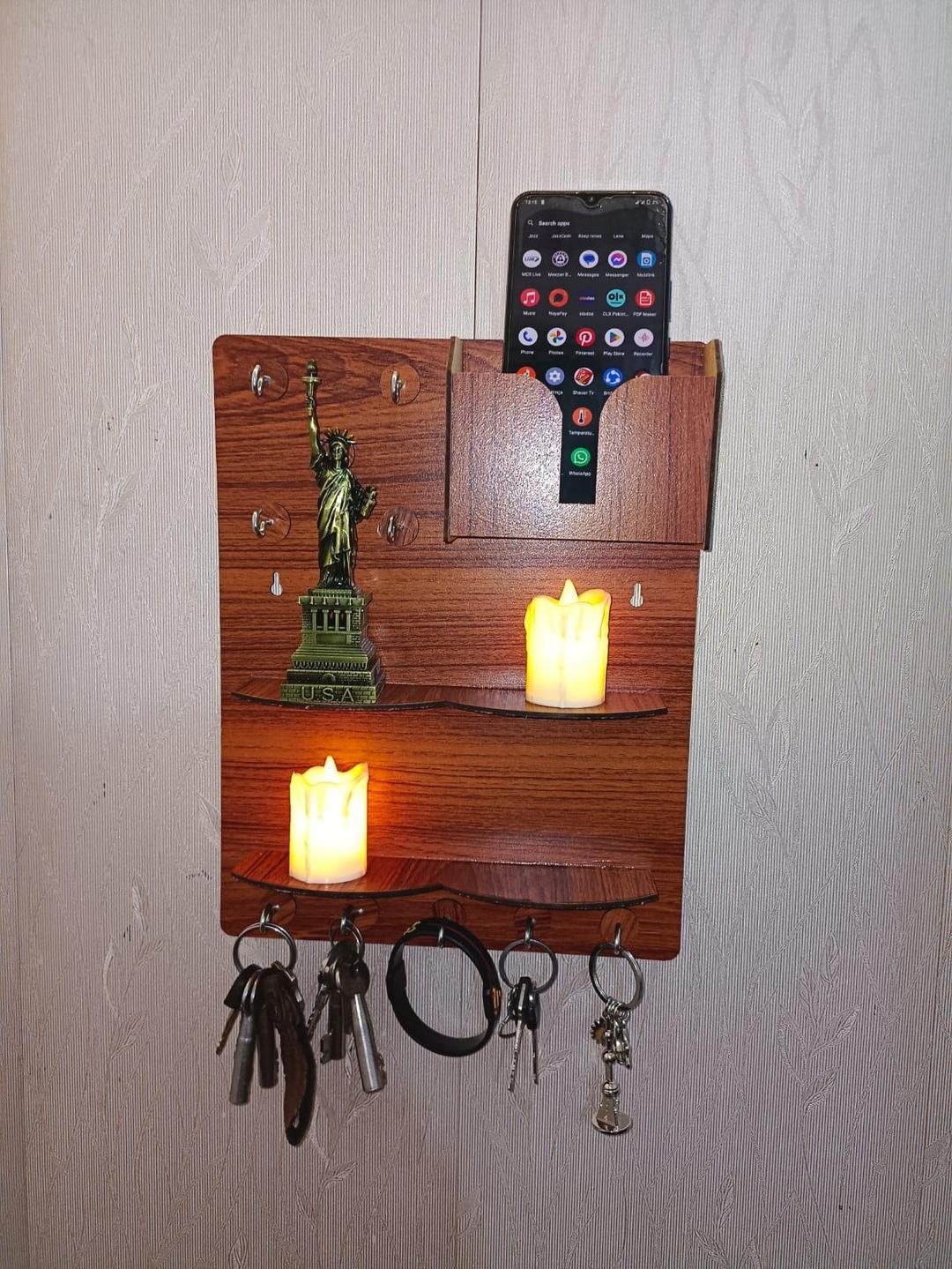 Wooden Wall Key & Phone Holder with Hooks | Wall Mounted Entryway Organizer