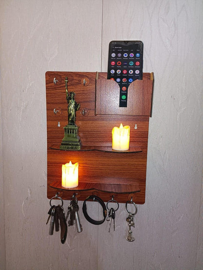 Wooden Wall Key & Phone Holder with Hooks | Wall Mounted Entryway Organizer