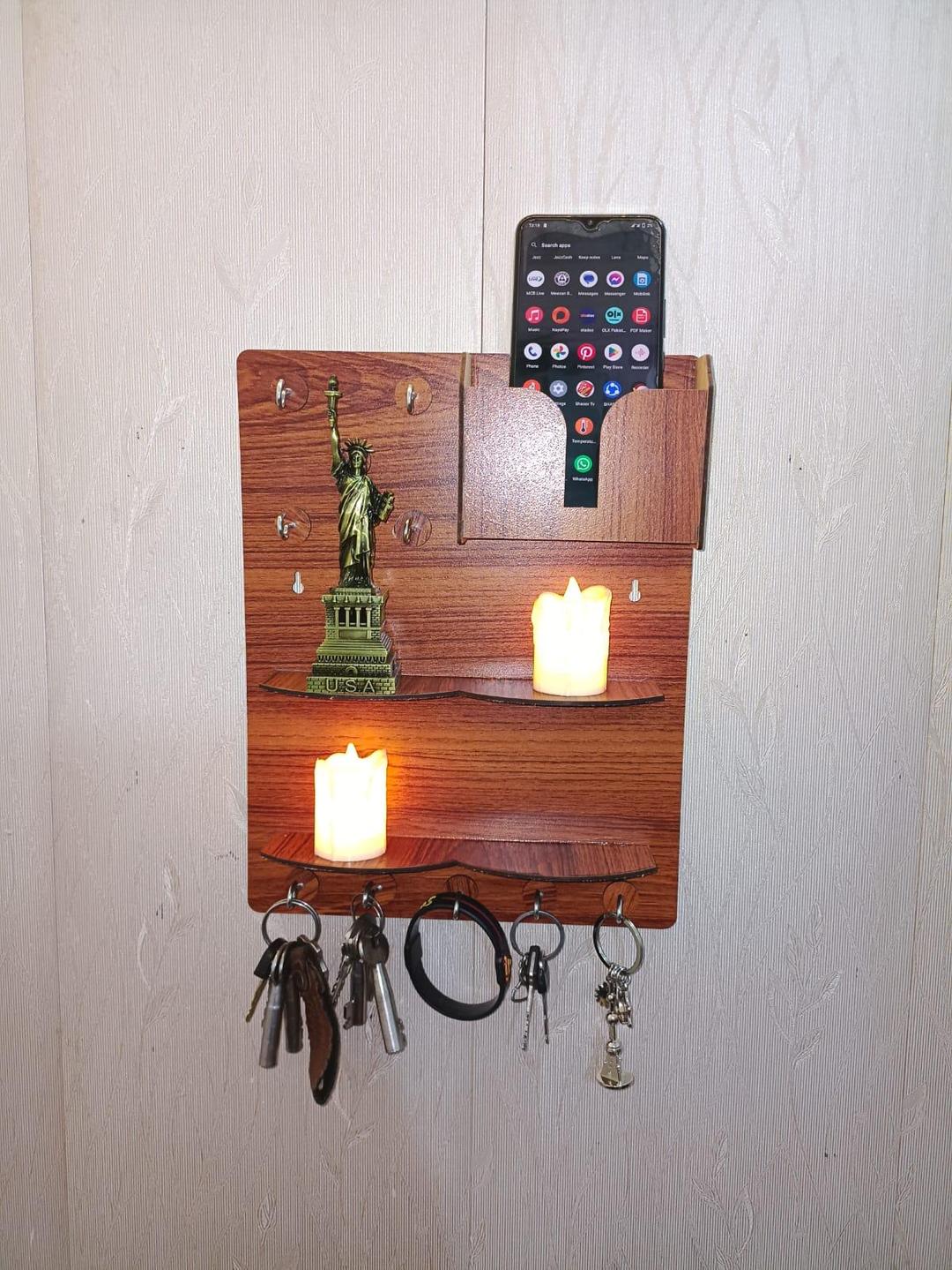 Wooden Wall Key & Phone Holder with Hooks | Wall Mounted Entryway Organizer