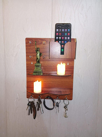 Wooden Wall Key & Phone Holder with Hooks | Wall Mounted Entryway Organizer