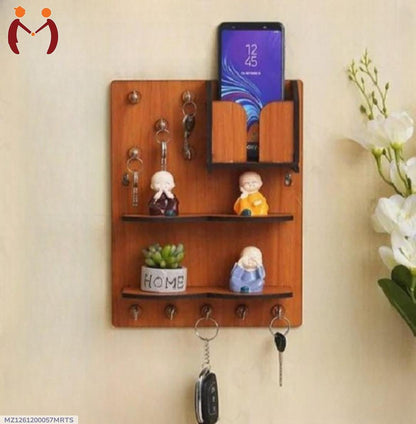 Wooden Wall Key & Phone Holder with Hooks | Wall Mounted Entryway Organizer