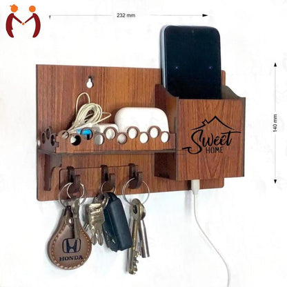 Sweet Home Wall Phone & Key Holder | Brown MDF Wall Mounted Organizer with Hooks