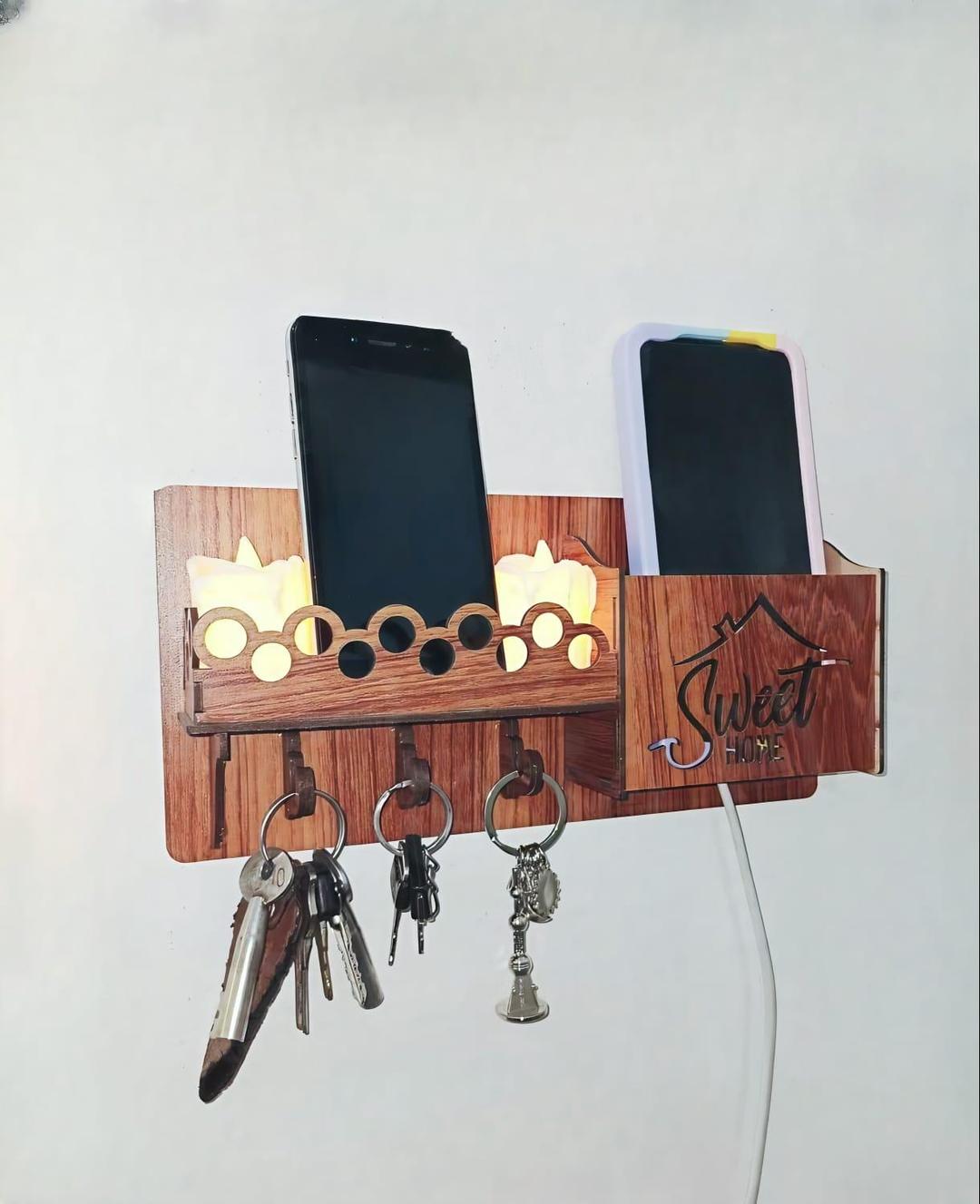 Sweet Home Wall Phone & Key Holder | Brown MDF Wall Mounted Organizer with Hooks