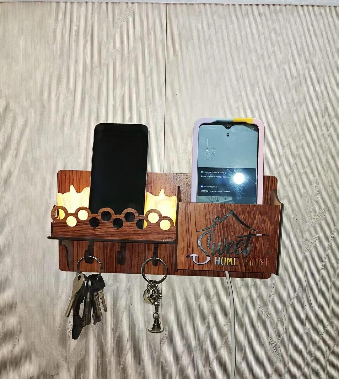 Sweet Home Wall Phone & Key Holder | Brown MDF Wall Mounted Organizer with Hooks