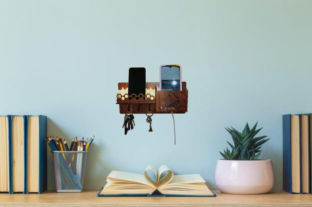 Sweet Home Wall Phone & Key Holder | Brown MDF Wall Mounted Organizer with Hooks