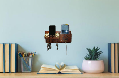 Sweet Home Wall Phone & Key Holder | Brown MDF Wall Mounted Organizer with Hooks