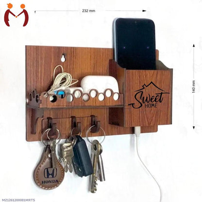 Sweet Home Wall Phone & Key Holder | Brown MDF Wall Mounted Organizer with Hooks