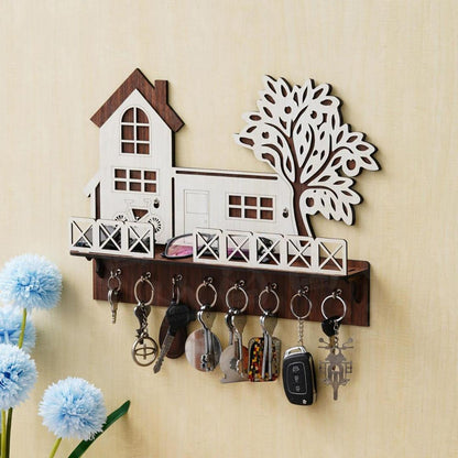 Tree & House Key & Phone Wall Holder | Dark Wood Wall Mounted Organizer with Hooks