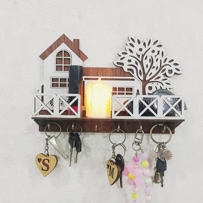 Tree & House Key & Phone Wall Holder | Dark Wood Wall Mounted Organizer with Hooks