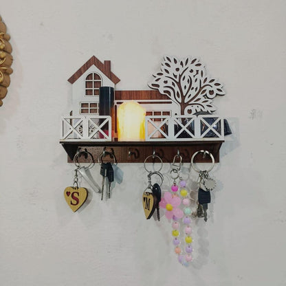 Tree & House Key & Phone Wall Holder | Dark Wood Wall Mounted Organizer with Hooks