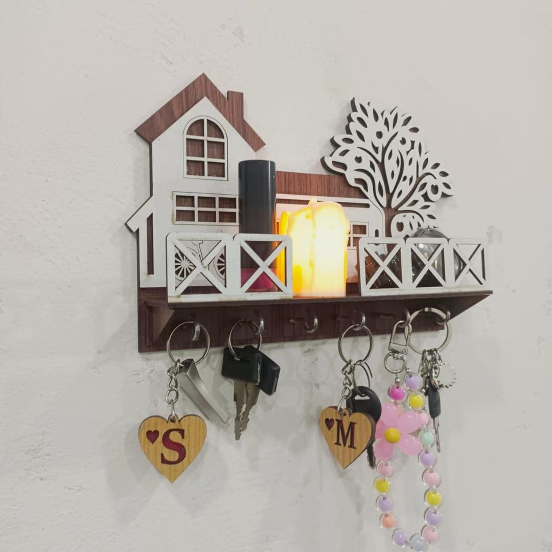 Tree & House Key & Phone Wall Holder | Dark Wood Wall Mounted Organizer with Hooks
