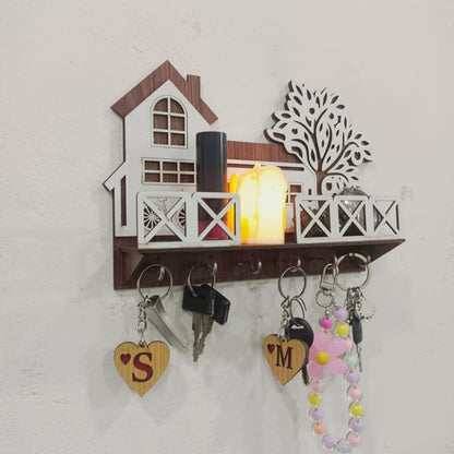 Tree & House Key & Phone Wall Holder | Dark Wood Wall Mounted Organizer with Hooks